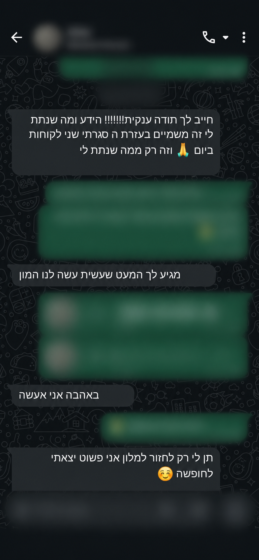 צילום מסך אנונימי של המלצה מוואטסאפ