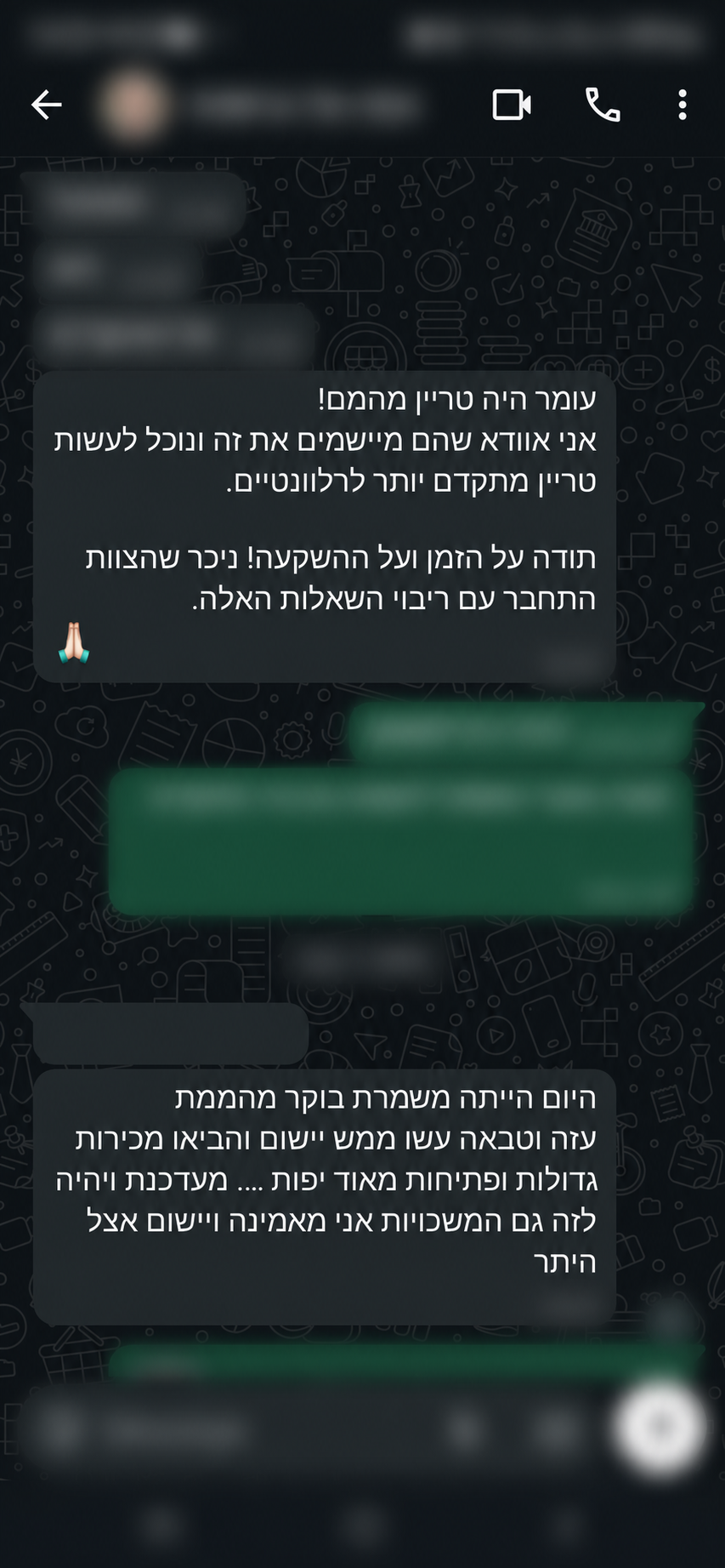 צילום מסך אנונימי של המלצה מוואטסאפ