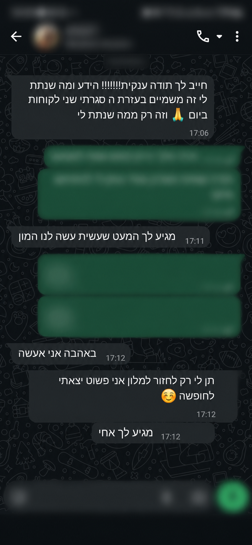 צילום מסך אנונימי של המלצה מוואטסאפ