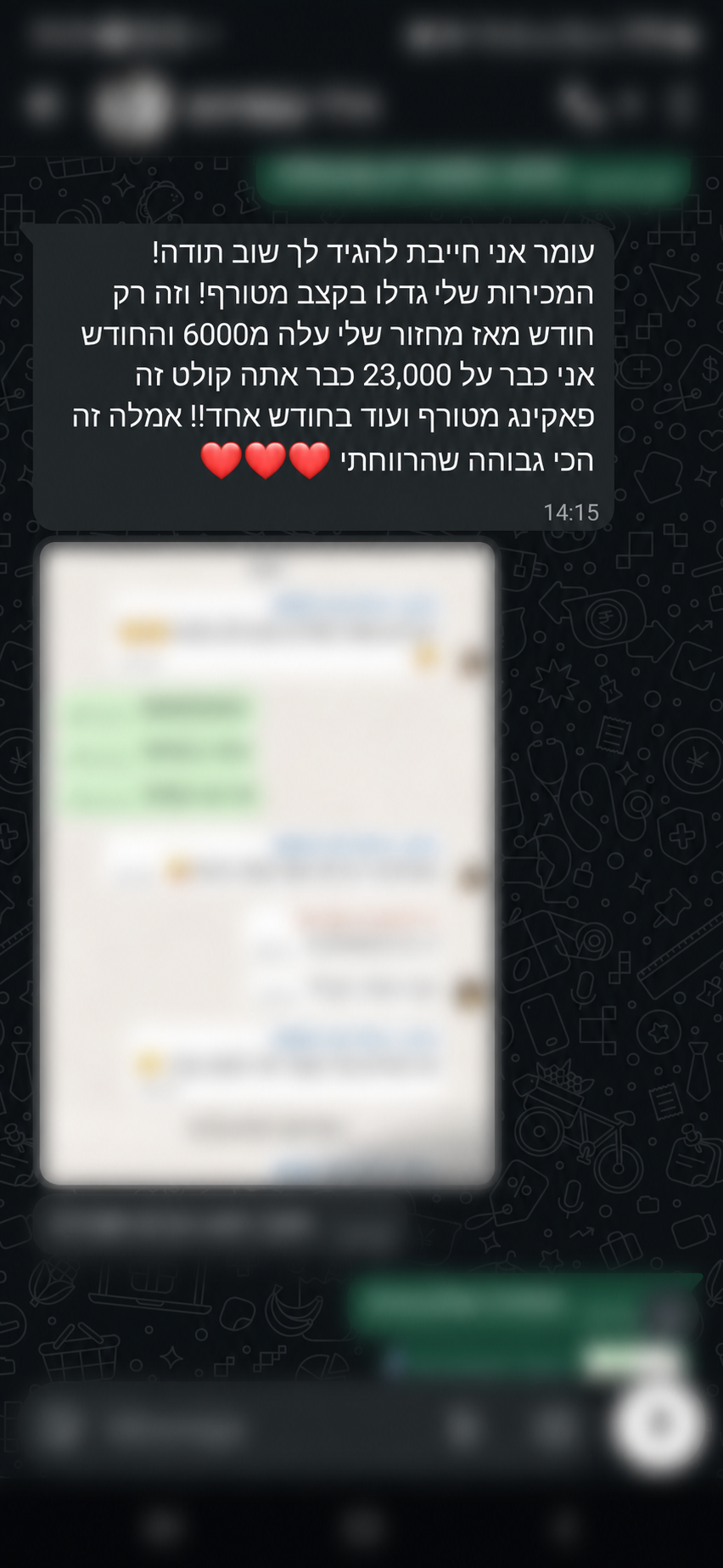 צילום מסך אנונימי של המלצה מוואטסאפ